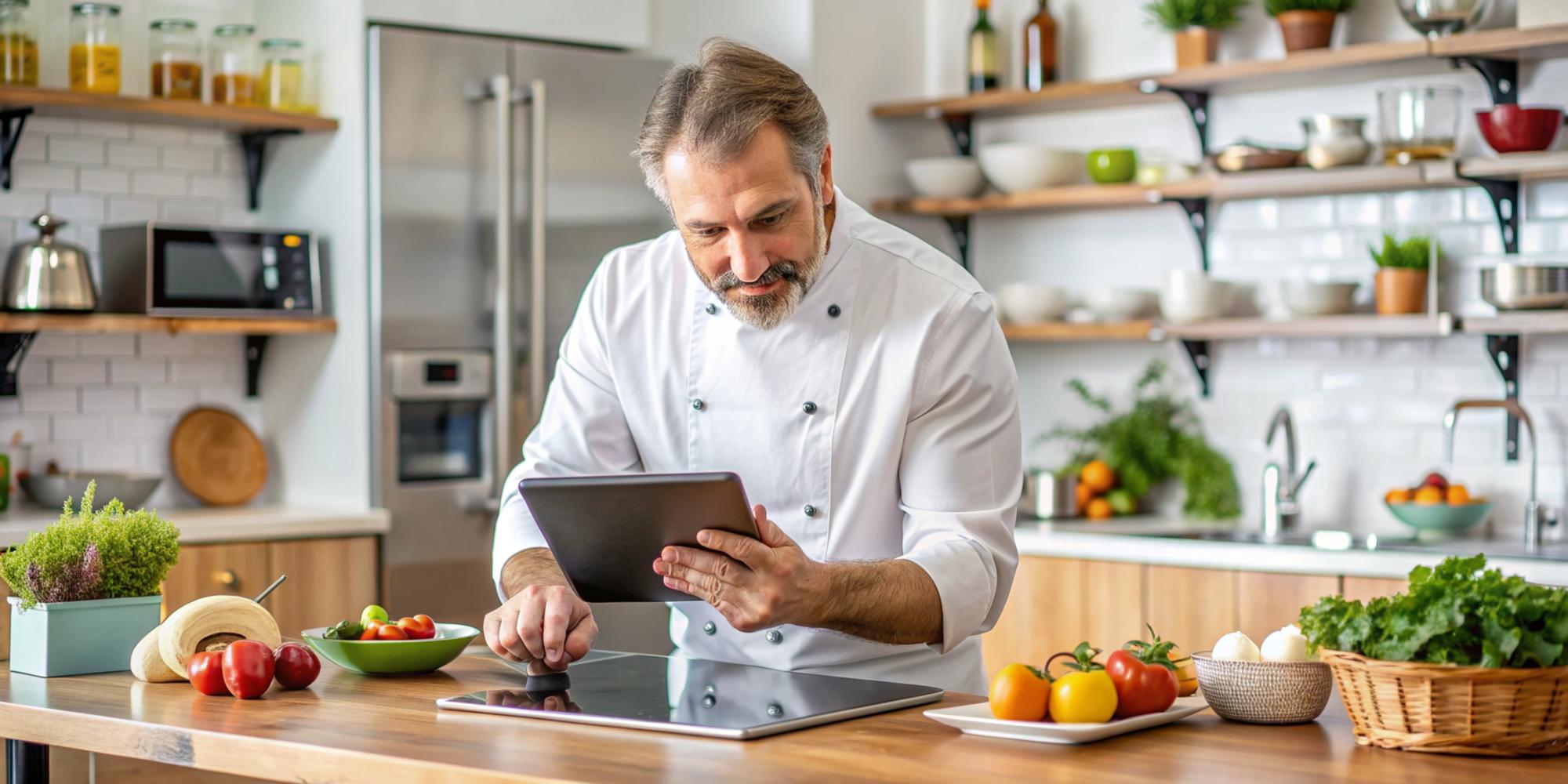 chef working with a tablet in a modern kitchen