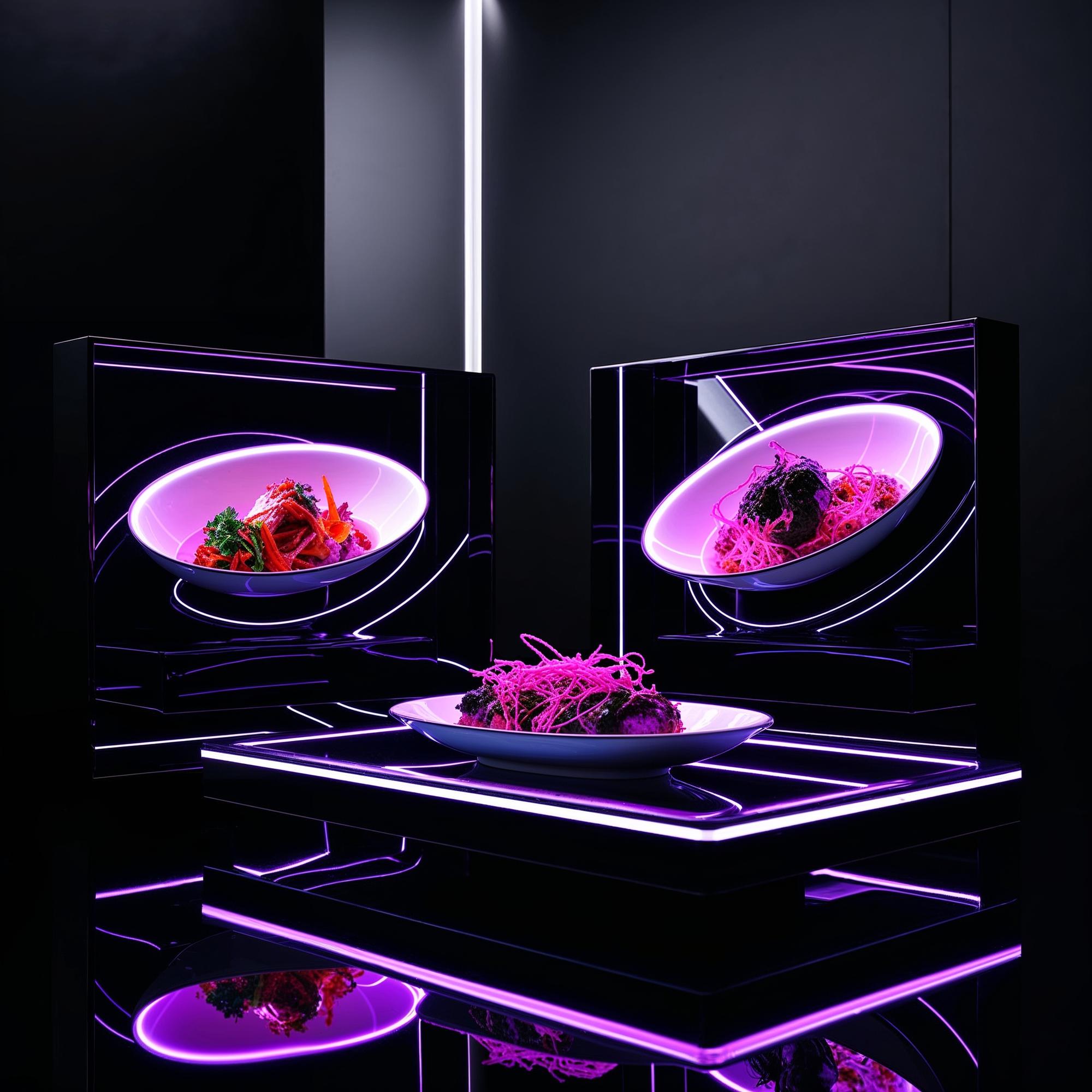 futuristic kitchen setup with plated dishes on sleek counter